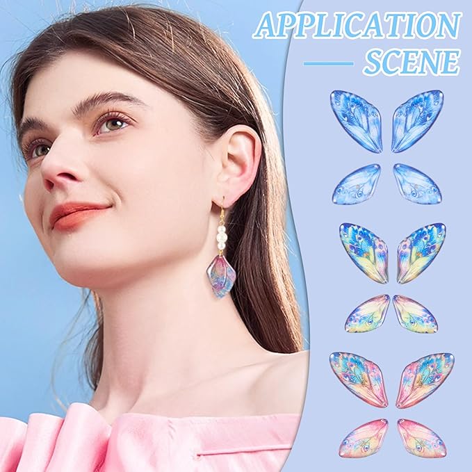 FASHEWELRY 12Pcs Resin Butterfly Wing Charms for Jewelry Making, Pastel Glitter Colorful Insects Wing Pendant Earrings Making Kit Earring Hook Jump Rings