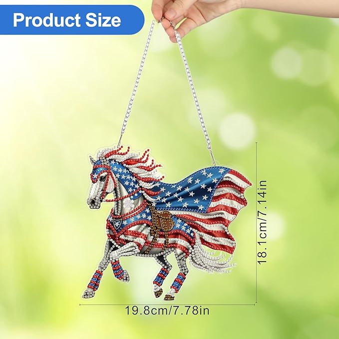 CEOVR 4th of July Hanging Diamond Art for Adults, American Flag Horse Diamond Painting Pendant DIY Gem Art Wall Hanging Ornament, Acrylic Home Garden Decor with Chain, Box Kit 7.78×7.14inch