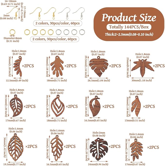 Cheriswelry Wood Leaf Earring Natural Wooden Dangle Earrings Making Kit Coconut Brown Wood Leaf Charms Brass Earring Hooks Jump Rings for Women Jewelry Decoration 25-36mm (144Pcs/Box)