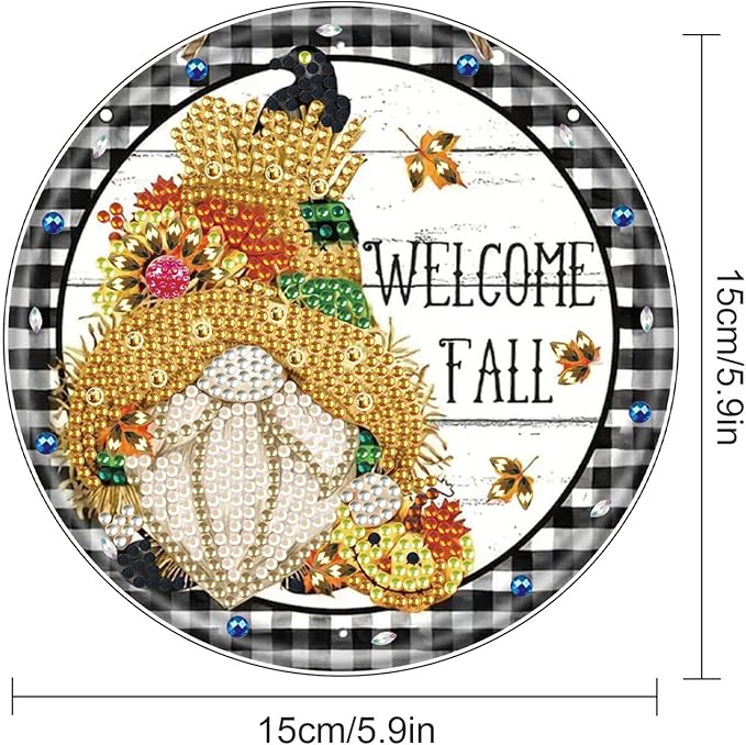 AiYuanzsh Welcome Fall Diamond Painting Hanging Kit, DIY Gnome Crystal Acrylic Pendant Ornament, 5D Diamond Art Hanging for Adults, Autumn Thanksgiving Wall, Window, Door Decoration