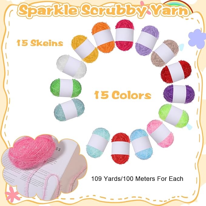 15 Skeins Scrubby Yarns for Dishcloths, Polyester Craft Yarn Assortment for Crocheting & Knitting, 1500 Yards Total, Multi-Color Dishwashing Scrubber Yarn for DIY Projects