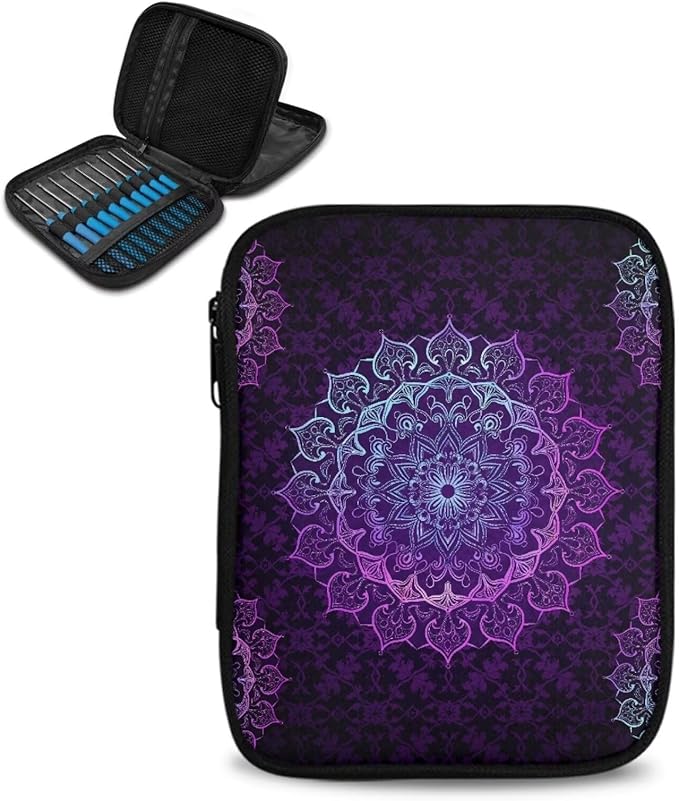 Hechitok Mandala Purple Crochet Hook Case Without Hooks and Accessories Zipper Storage Organizer Bag with Web Pockets for Various Crochet Needles Accessories Crochet Hook Kit Tools