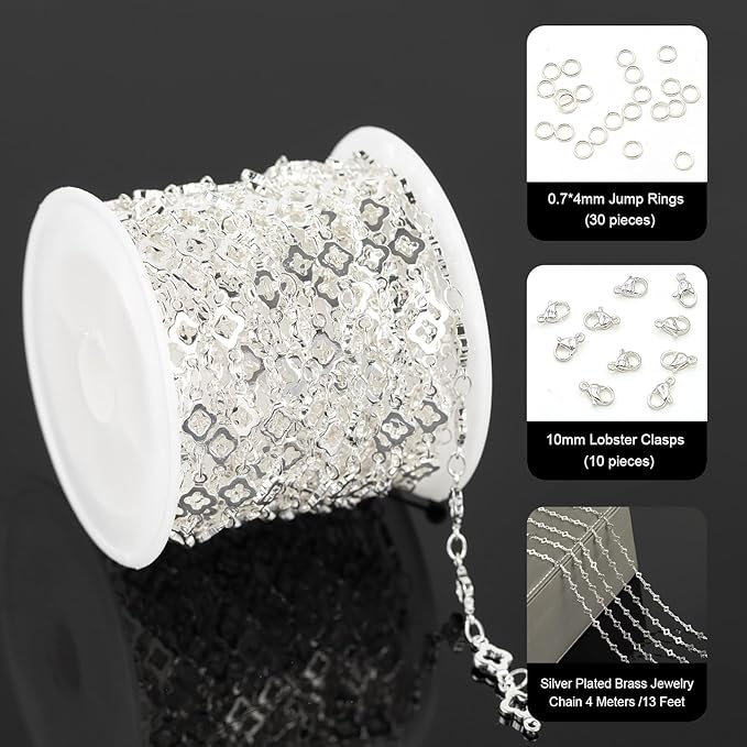 YOUBEIYEE 4 Yard Silver Plated Brass Chain for Jewelry Making Hollow Four Leaf Clover Necklace Bracelet for Women Jewelry Making Chains Bulk