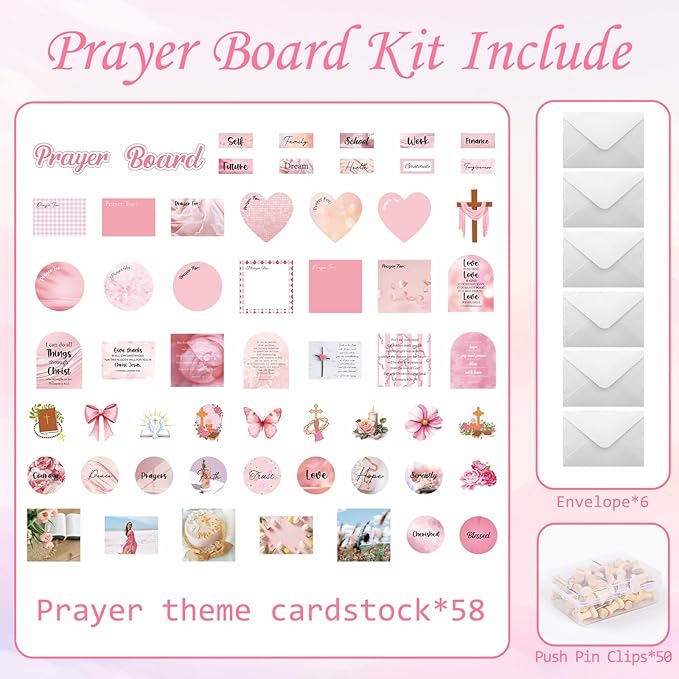 Prayer Board Stickers Supplies - 164 Pcs Prayer Board Kit with Pins Envelope Bible Verse Quotes Cards Christian Motivational Scrapbook Stickers, Bible Study Supplies for Women (Not Cork Board)