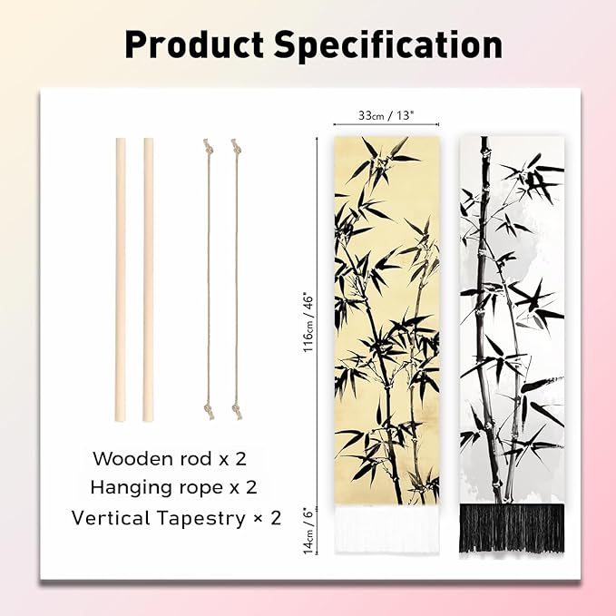 PLIGREAT 2 Pack Bamboo Leaf Tapestry with Tassels, Ancient Bamboo Wall Hanging Home Decor Chinese Art Vertical Wall Tapestry for Bedroom Living Room Long Narrow Home Hanging Decor, 46" x 13"