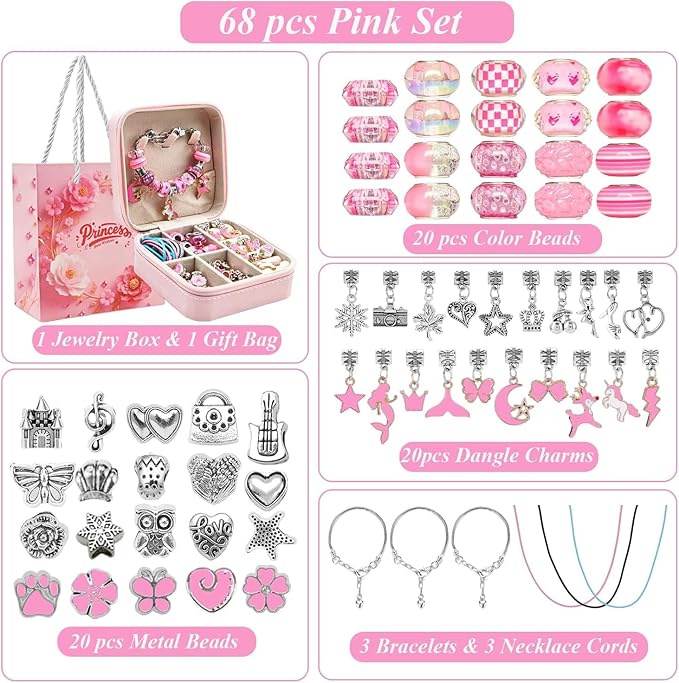 ONADEBY Charm Bracelet Making Kit - Pink DIY Jewelry Making Kit for Girls, Friendship Bracelet Kit with Portable Jewelry Box Bag Packing for Birthday Christmas New Years Easter Valentine Craft Gifts