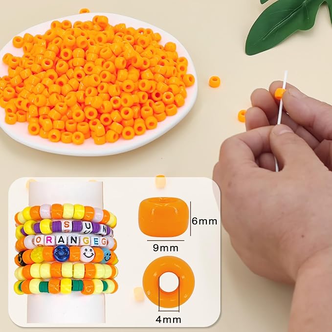MIIIM 1200PCS 6x9mm Orange Pony Beads Bulk, Kandi Beads for Bracelets Making Kit, Hair Braids Crafts for Jewelry Making (Orange)