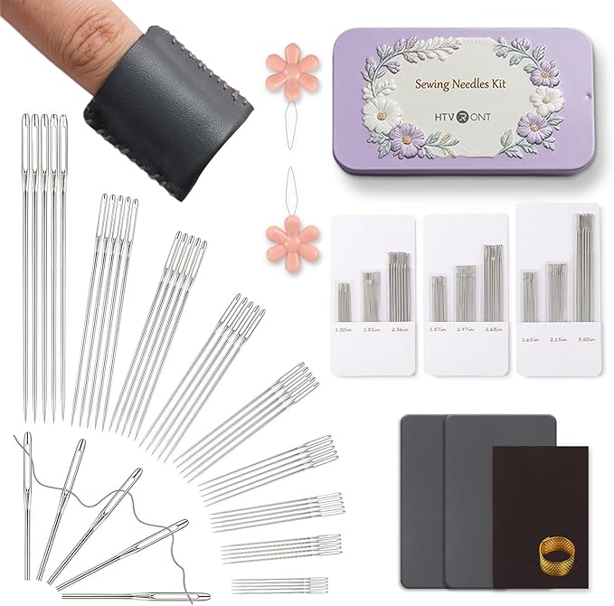 HTVRONT Large Eye Sewing Needles, 56 PCS Stainless Steel Needles for Hand Sewing 9 Size, Embroidery Needles with Needle Threaders, Thimble for Crafts, Repair, Quilting (Sliver 56PCS)