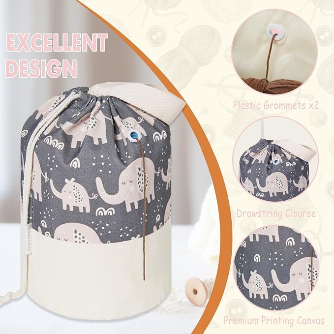 Yarn Bag, Small Crochet Bag Organizer, Drawstring Yarn Storage Knitting Bags, Portable Mini Yarn Holder for Crocheting Project, Store Skein Ball, Needles Accessories (Elephant Grey, Large)