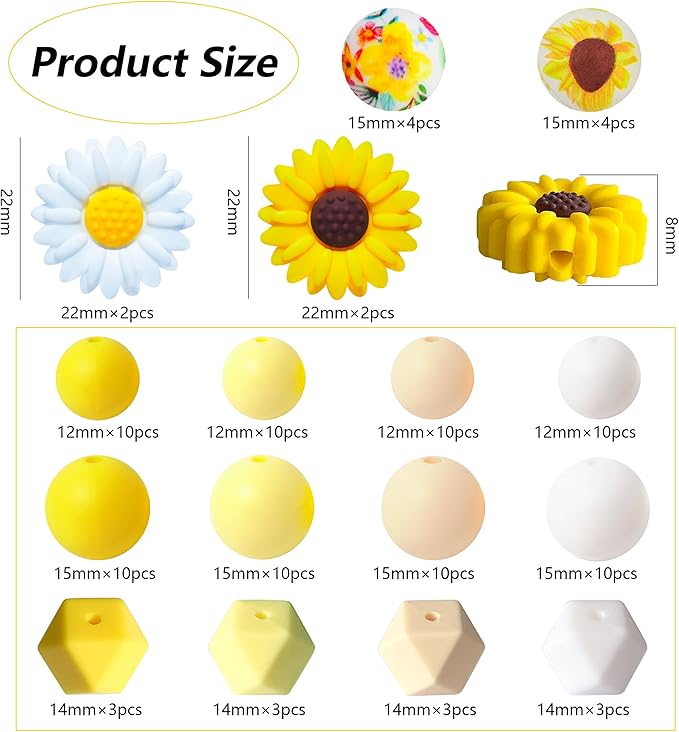 104Pcs Daisy Silicone Beads for Keychain Making Silicone Focal Beads Bulk Yellow White Round Hexagon Loose Beads for Pens Necklace Bracelets Jewelry Making
