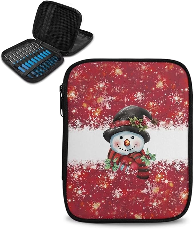 Hechitok Christmas Snowman Crochet Hooks Case Zipper Bags Portable Crochet Storage Bag with Web Pocket and Crochet Holder Slots for Carrying Various Crochets Needles