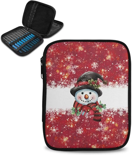 Hechitok Christmas Snowman Crochet Hooks Case Zipper Bags Portable Crochet Storage Bag with Web Pocket and Crochet Holder Slots for Carrying Various Crochets Needles