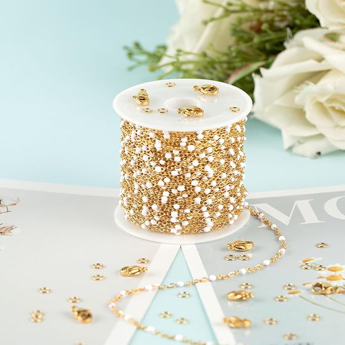 UMAOKANG 33 Feet Chains Bulk on Spool Gold Plated Stainless Steel White Bead Chain for Jewelry Making