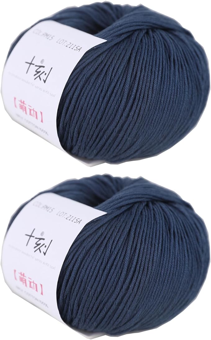 Fine Weight Knitted and Crocheted Cotton Yarn, 100% Long Staple Cotton Yarn, Baby Sports, 2 Packages of 100g/3.52oz (Per Skein 50g/162yards)-Navy Blue