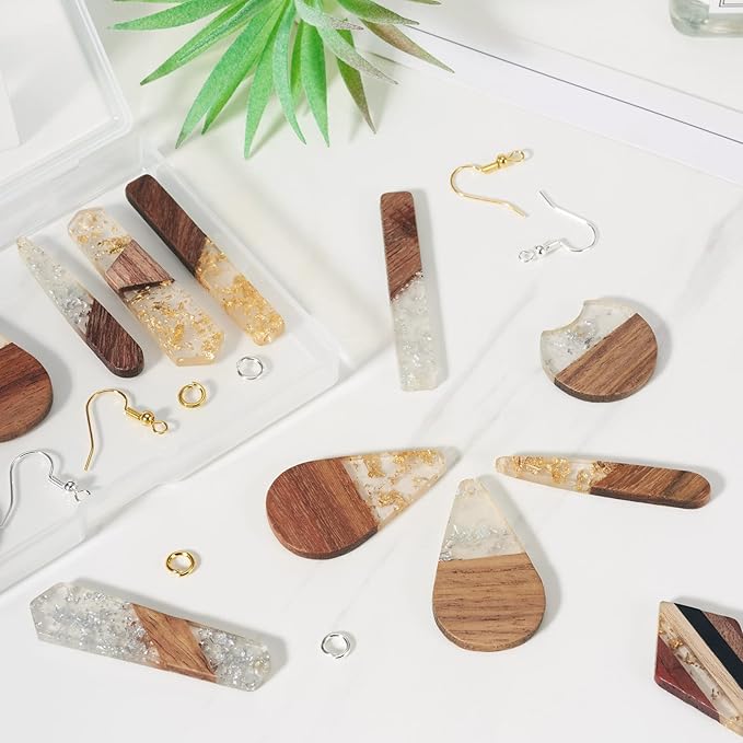 Beadthoven 88pcs Glittery Resin Wood Pendants Earrings Making Kit Gold Foil Wooden Earring Blanks Teardrop Rectangle Geometry Wood Earring Charms for Jewelry Making with Earring Hooks Jump Rings