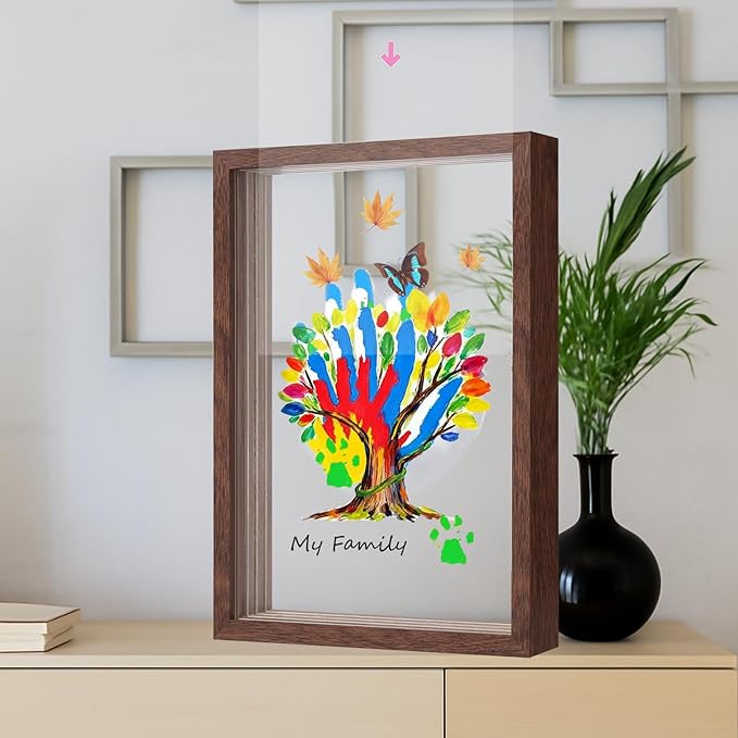 brown family handprint kit for 4 – wooden frame with 4 clear acrylic boards, diy handprint keepsake for baby, pet, mom, grandparents, hand mold art set with non-toxic washable paint (brown)
