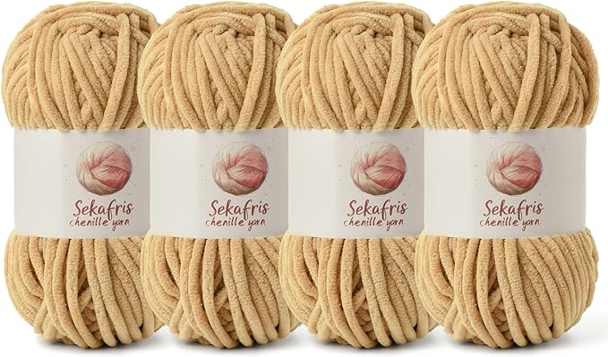 4 Pack Chunky Chenille Yarn for Crocheting, Baby Yarn for Crocheting Soft Blanket, 349.9 yds /14.1 oz Crochet Yarn, Bulky 5 Amigurumi Yarns, Fluffy Velvet Yarns for Knitting Crafts (4 Khaki)