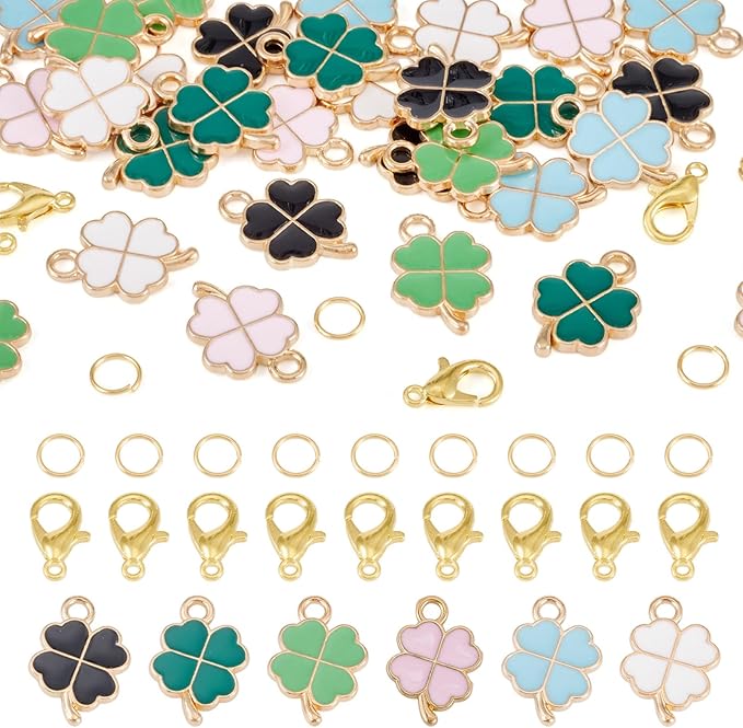 Cheriswelry St. Patrick's Day Craft Supplies Green Clover Four Leaf Pendants Shamrock Enamel Charms with Alloy Lobster Clasp Jump Rings 18x12x2mm for DIY Bracelet Necklace Earring 260Pcs/Set