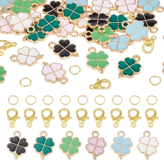 Cheriswelry St. Patrick's Day Craft Supplies Green Clover Four Leaf Pendants Shamrock Enamel Charms with Alloy Lobster Clasp Jump Rings 18x12x2mm for DIY Bracelet Necklace Earring 260Pcs/Set