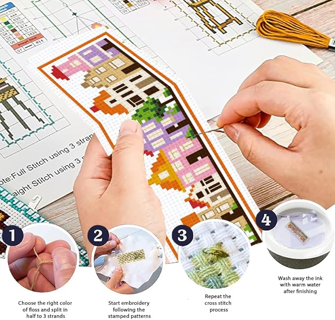 ORIGACH 6 Set Small Houses Cross Stitch Bookmark Kits for Beginner, Little Town Stamped Cross Stitch Kits with Instructions for Adults Bookmarks Lovers