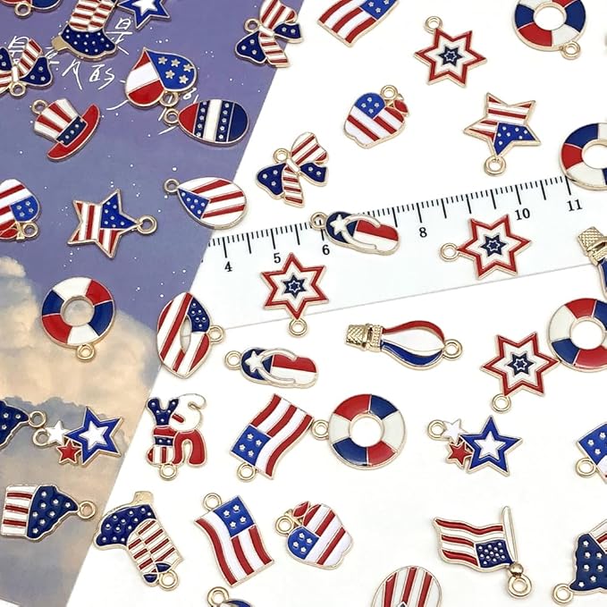 WOCRAFT 120pcs Assorted Enamel Bracelet 4th of July Independence Day American Flag Charms for Jewelry Making Crafts, DIY Necklace Bracelet Keychain Crafting Kit (SN802)