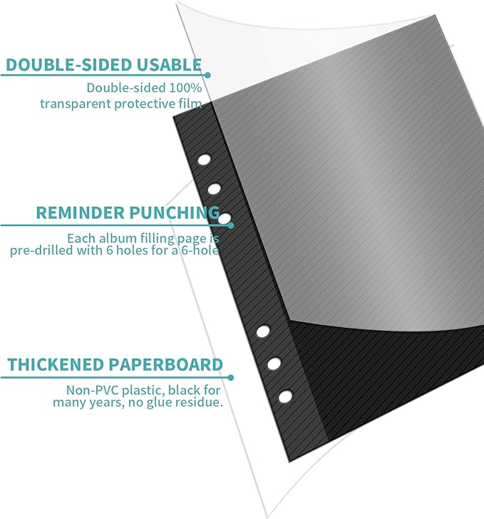 Photo Album Pages Refill for 6 Ring Binder, 15 Sheets/30 Self-Adhesive Pages, Scrapbook Album Sheets Fit 2x3, 4x6, 5x7 Photo