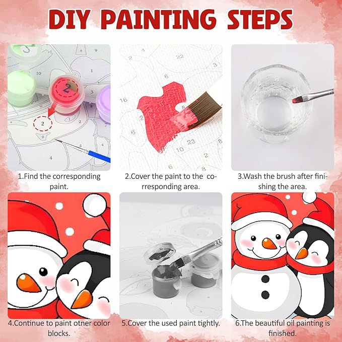 DOMROM 4 Pack Framed Paint by Numbers Penguin for Kids Beginners, Adult Paint by Number Kits Santa on Canvas, Acrylic Number Painting Christmas Craft Kits for Gift Home Decor 8x8in