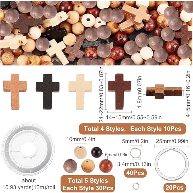 SUNNYCLUE 250Pcs Wood Cross Charms Easter Holiday Small Cross Beads Bulk Wooden Round Unfinished Wood Bead 10mm Beading Keychain Making Kit Mini Charm for Keychains Bracelets DIY Craft