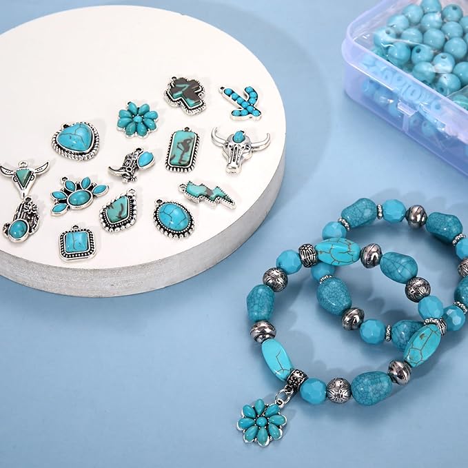NVENF 1800PCS+ Western Beads Charms for Jewelry Making Turquoise Clay Heishi Beads Vintage Cactus Flower Lightning Boot Cow-head Charms for Western Bracelet Making DIY Crafts (Turquoise 1)