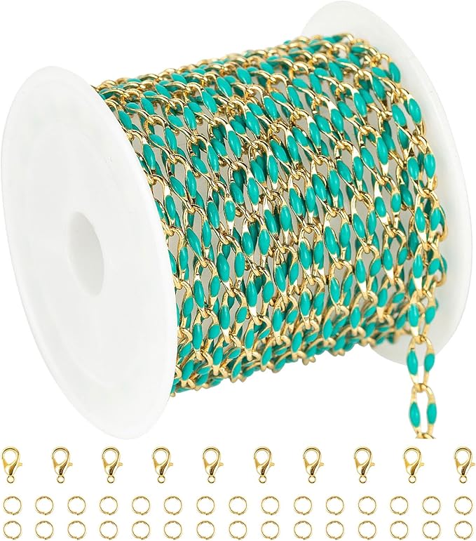 YOUBEIYEE 6.6 Feet Gold Plated Brass Chain on Spool Green Enamel Cable Chain Necklace DIY Jewelry Chains Bulk with Jump Rings and Lobster Clasps