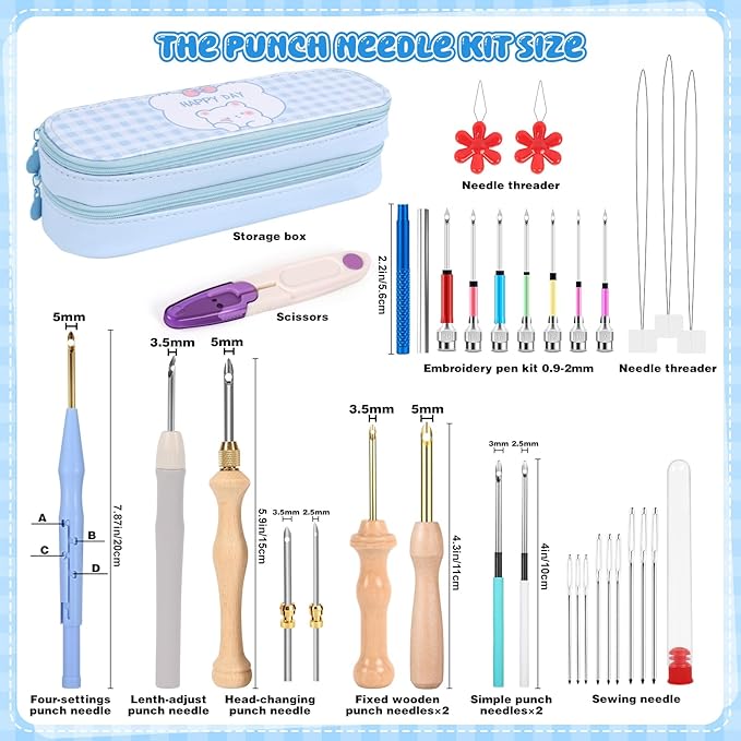 35Pcs Punch Needle Kit Adult Beginner, Adjustable Punch Needle Tool with Different Size Needles & Storage Case, Wooden Handle Embroidery Pen Set for Gifts, Decoration & DIY Craft Project