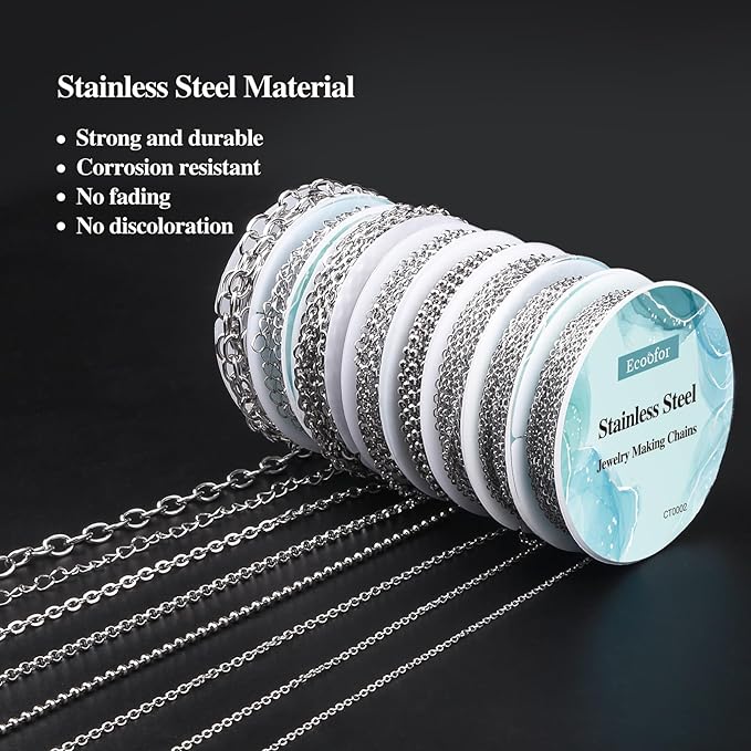 ecoofor necklace chains for jewelry making, 62.3 feet 8 rolls 304 stainless steel jewelry chains for diy necklace bracelet jewelry making with stainless steel jump rings/lobster clasps/connectors