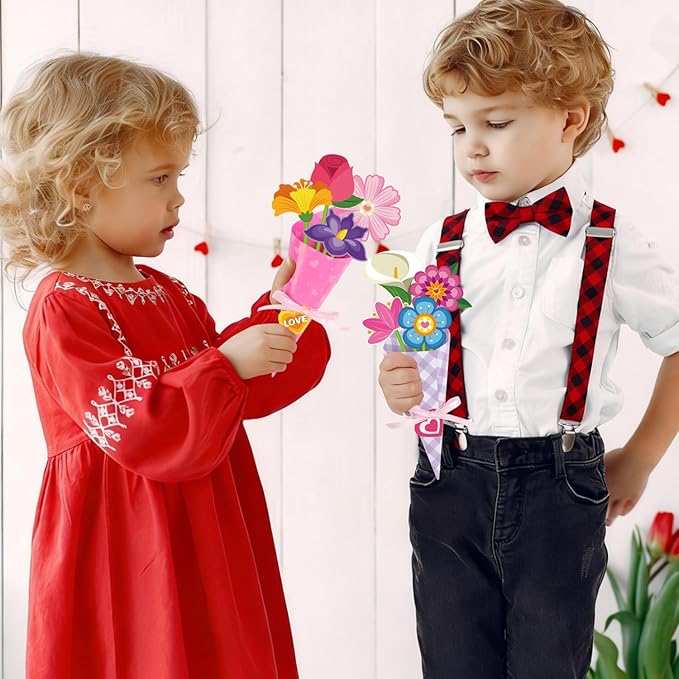 CCINEE 24 Sets Valentine Day Paper Flower Bouquet Crafts Kits, Make Your Own Spring Pink Flower Bouquet Paper DIY Kits for Mother's Day Valentines Day Teacher Appreciation Gifts School Activity