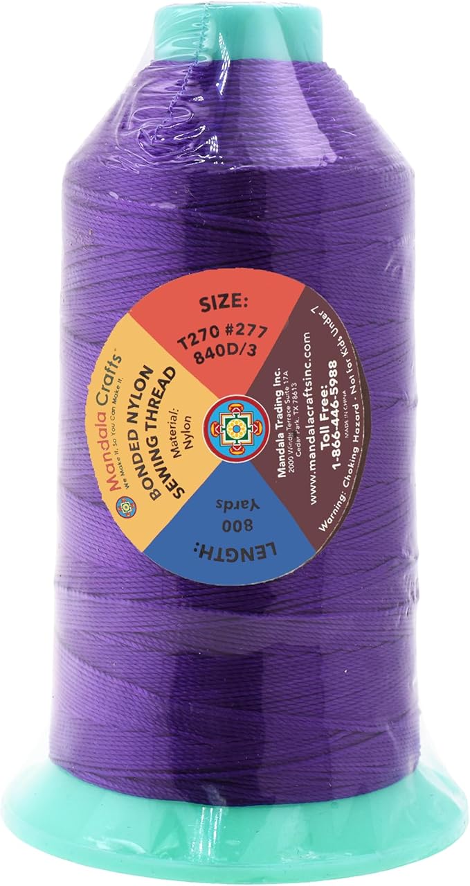 Mandala Crafts Size 277 840D T270 Bonded Nylon Thread - True Purple 800 YDs Tex 270 Heavy Duty Sewing Threads for Leather, Jeans, Weaving, Outdoor Marine Upholstery