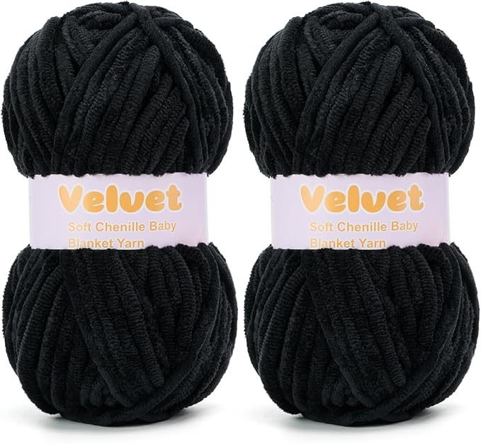 Velvet Yarn Chenille Yarn for Crocheting and Knitting Soft Chenille Bulky Baby Blanket Yarn DIY Weaving Craft 2pack Dark Black(4oz 66yds Each)