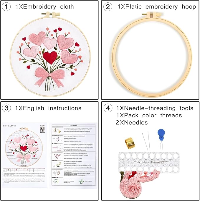 Heart Flower Embroidery Kits for Beginners Adults, Pink Embroidery Starter Kits, Counted Cross Stitch Kits for Adults Anniversary Valentine's Day Gift, Embroidery Hoops, Fabric Thread & Video Tutorial