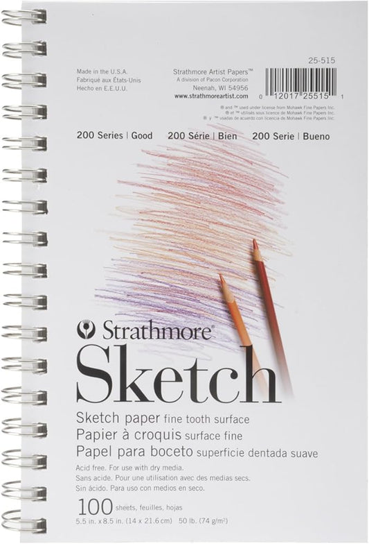 Strathmore 25-515 200 Series Sketch Pad, 5.5"x8.5" Wire Bound, 100 Sheets, White