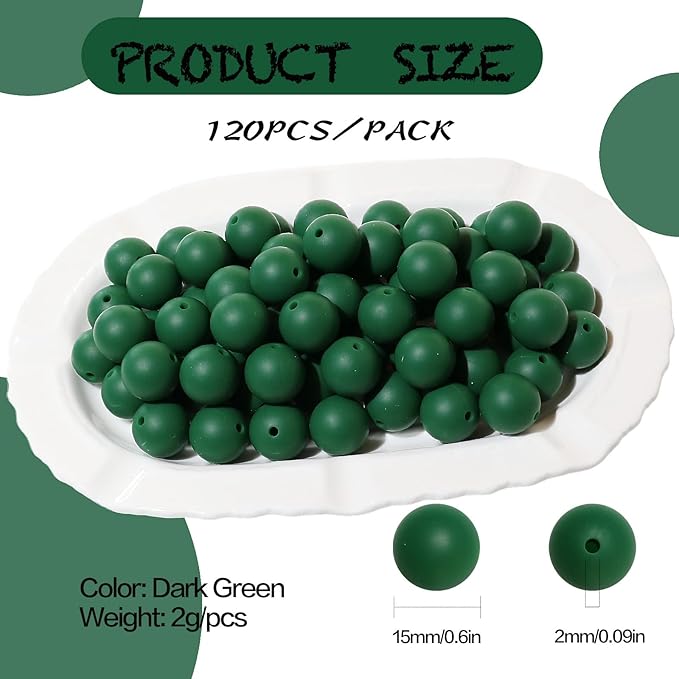 120pcs Richbunnys 15mm Bulk Silicone Beads for Pens and Keychain Making,Large Bead for Necklace and Bracelets Making,Assorted Rubber Beads Set（Dark Green）