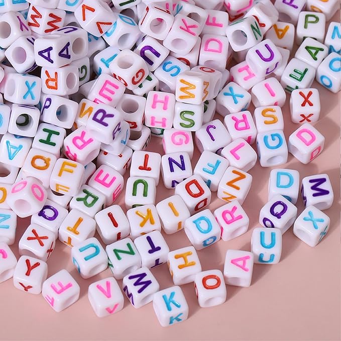 Alphabet Beads A-Z 1000Pcs Letter Beads, Acrylic 6x6mm Round Letter Beads Kits,Black Digit and Colorful Smile Bead for Bracelets Necklaces DIY Jewelry Making (Colorful Square)