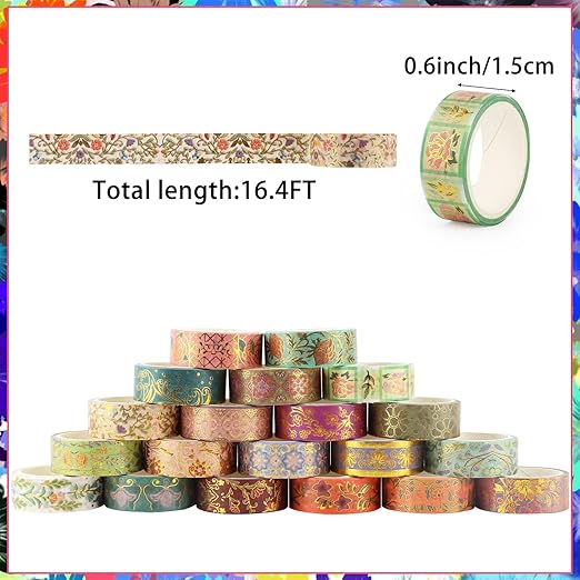 Gold Foil Floral Decorative Tape Set 20 Rolls Retro Washi Tape Aesthetic DIY Art Masking Tape for Kids Craft Notebook Planner Book Scrapbooking & Stamping Supplies Gift Wrapping