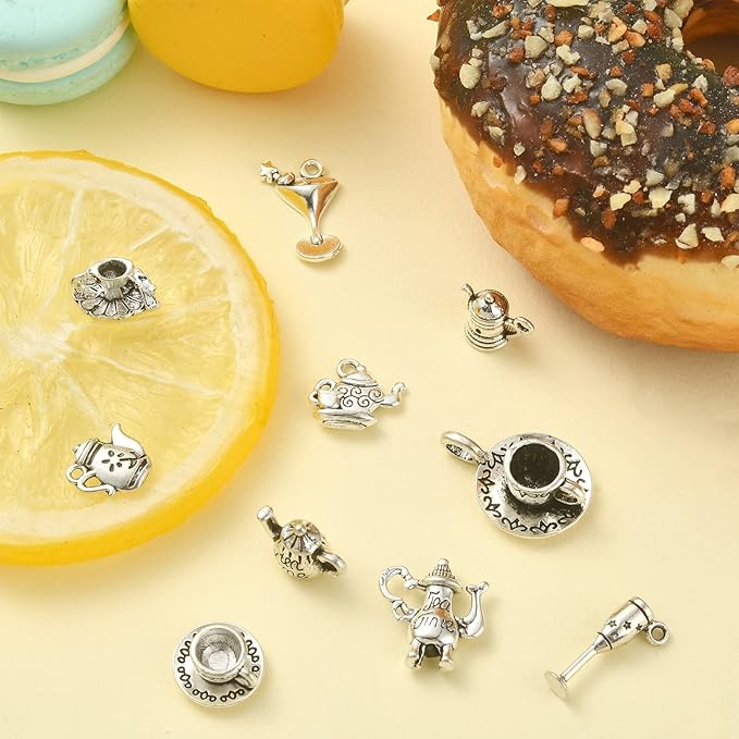 DanLingJewelry 100Pcs 10 Styles Antique Silver Afternoon Tea Theme Charms Tea Cup and Teapot Coffee Mug Charms DIY Jewelry Making