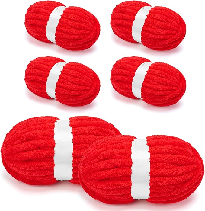 Chunky Chenille Yarn for Crocheting/Arm Knitting, Super Soft Jumbo Knit Blanket Yarn Red 6 Pack (32 yds, 8.5 oz Each Pack)