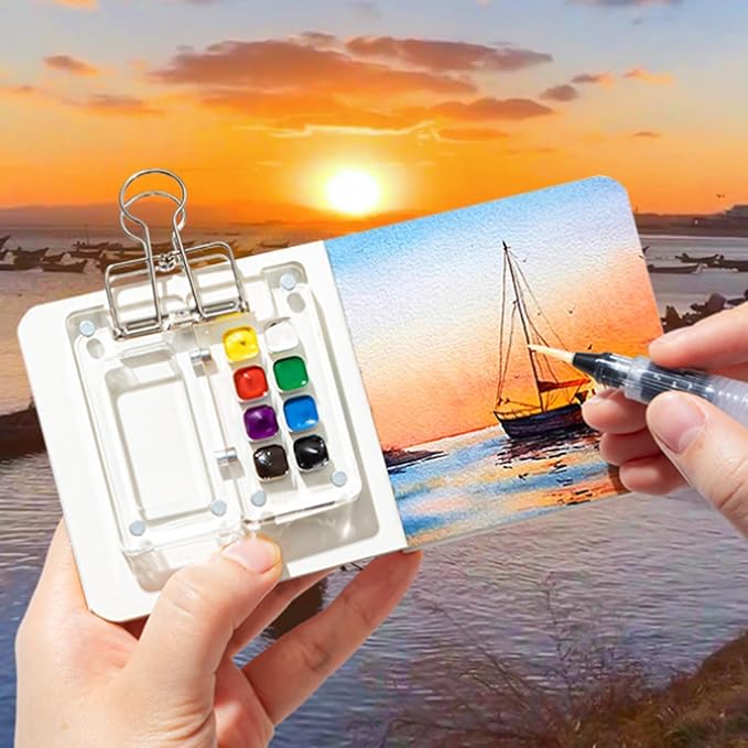 Mini Watercolor Paint Set Pocket Artist Watercolor Travel Set with Mini Paint Palette,Brushes, 12 Colors, Watercolor Sketchbook for Artists Painters Students(Plastics)