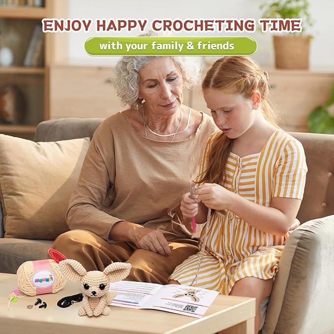 Mewaii Crochet Kit for Beginners Level 1 with 40% Extra Eco-Friendly Pre-Started Easy Yarn, Step-by-Step Video Tutorials for Adults and Kids (Fennec Fox)