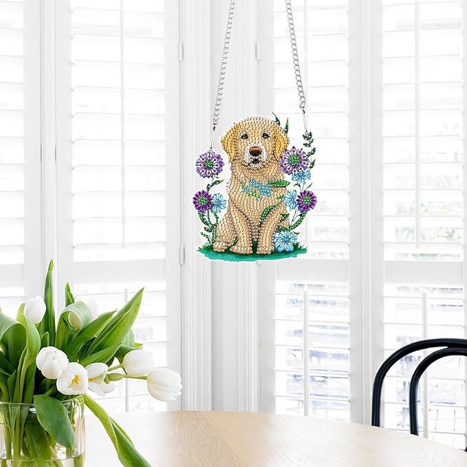 AiYuanzsh Golden Retriever Dog Diamond Art Painting Hanging Pendant Kit Animal Special Shaped Diamond Dots Art Acrylic Ornaments Diamond Art Pendant for Adult Home Wall Window Decor Gift