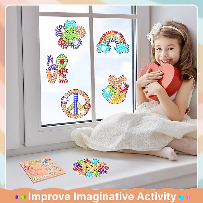 Qyeahkj 6 Pcs Groovy Arts and Crafts, Retro Art Crafts Boho Hippie Suncatcher Kits for Children at 6-8, 70s Groovy Dot Art DIY Diamond Painting Coloring Kits Window Clings Stickers for Kids