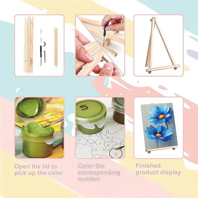 Easy Flower Paint by Numbers for Adults with Framed Canvas - with Wooden Easel, Flowers Paint by Number for Beginners, DIY Acrylic Oil Painting on Canvas with Brushes for Home Wall Decor (8x12 inch)