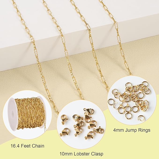 SMYHTGLIF 16.4 Feet Gold Stainless Steel Chain for Jewelry Making Soldered Peanut Chain Bulk for Craft Jewelry Supplies