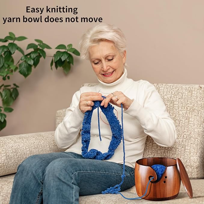 Foxyoo Yarn Bowl for Crocheting - 7x5in Large Wood Knitting Bowl with Lid, Crochet Accessories and Knitting Gadgets Supplies