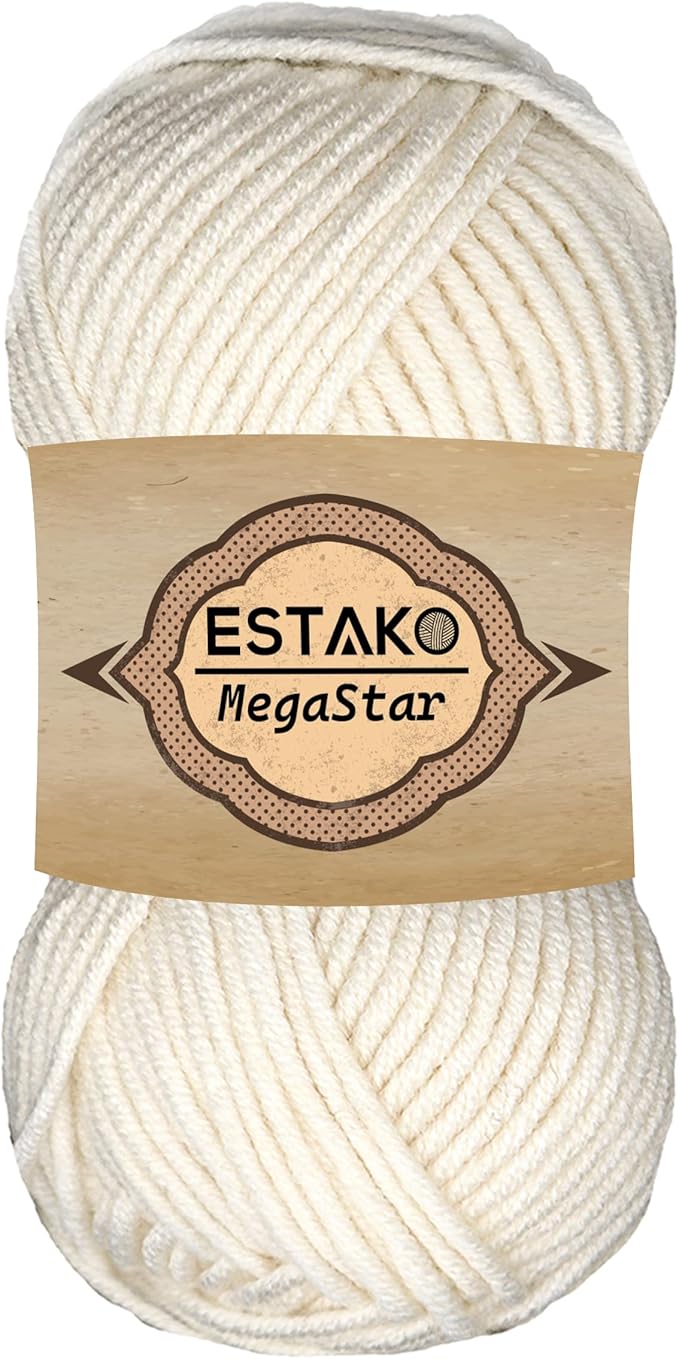 Estako Megastar, 75% Acrylic 25% Wool Yarn, Soft, Chunky Bulky Weight #5 for Crochet and Knitting 3.52 Oz (100g) / 120 Yrds (110m) (60169 - Off White)